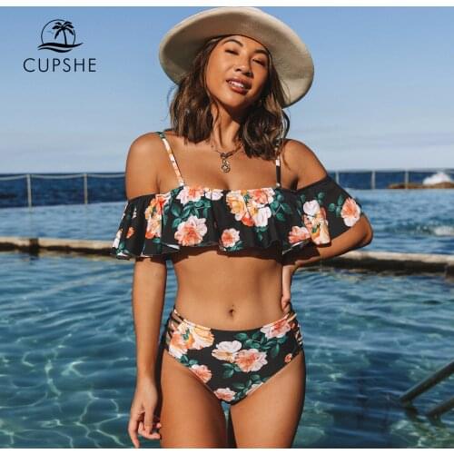 CUPSHE Off-the-shoulder Ruffled Mid Waist Bikini Sets Swimsuit For Women Sexy Floral Two Pieces Swimwear 2021 Beach Bathing Suit