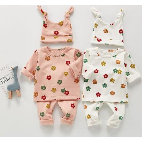 Spring Autumn Baby Pyjama Set Cotton Boys Blouse And Full Length Pants With Baby Hat 3 Pcs Toddler Clothing Set Sleep Set