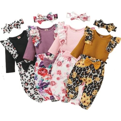 3Pcs Autumn Winter Newborn Baby Girl Clothes Long Sleeve Crew Neck Jumpsuits Tops+Floral Pants with Heandband 3 Pcs Cute Outfits