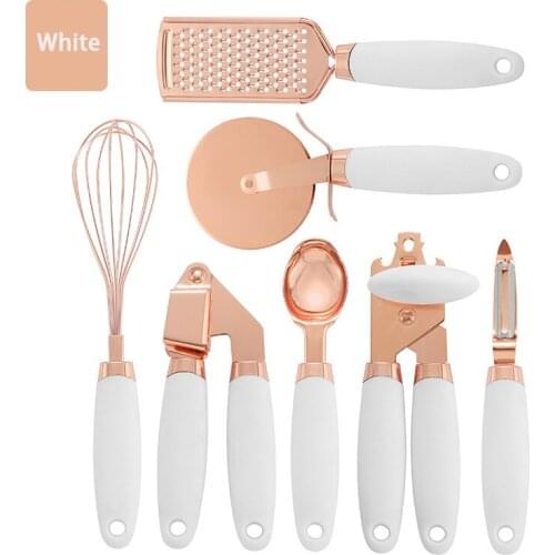 7Pcs Stainless Steel Kitchen Gadget Set with Soft Handle Garlic Press Vegetable Peeler Pizza Cutter Ice Cream Spoon