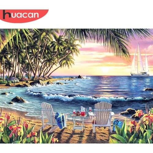 HUACAN 5D Diy Diamond Painting Seaside Landscape Full Drill Diamond Mosaic Sunset Handmade Gift Home Decoration