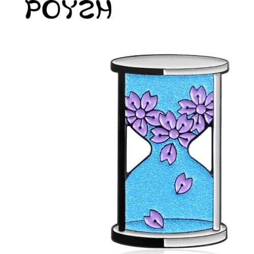 Blue glass hourglass Brooch Pink floret pattern Enamel Lapel Pin Backpack hat badge Jewelry accessories Time Timing Worker gifts