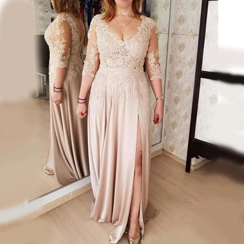 Elegant llusion Bodice Long Mother Of The Bride Dresses Side Split Half Sleeves Sexy V Neck Lace Groom Mother Gowns Custom Made