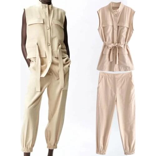 Klkxmyt Za Women 2 Pieces Set 2021 With Belt Pockets Jacket Vest Tops+High Wasit Jogging Pants Set Woman Outfit Suit Female Sets