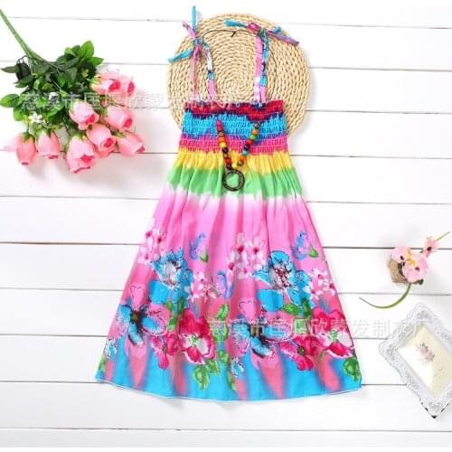 Girl Beach Floral Princess Dresses Summer Sling Rainbow Print With Necklace Teenage Childrens Party Costumes Kids Clothing