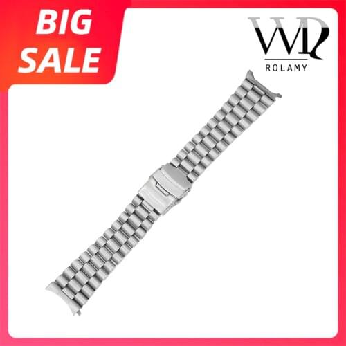 Rolamy 20 22mm TOP Quality Silver Hollow Curved End Solid Links Replacement Watch Band Bracelet Double Push Clasp For Seiko