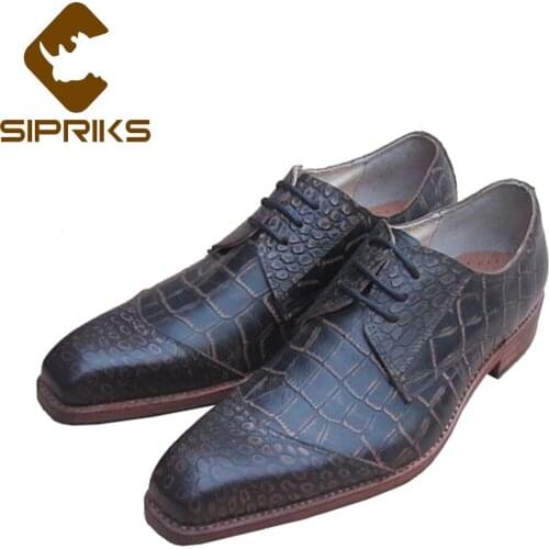 Sipriks Mens Goodyear Welted Shoes Genuine Leather Vintage Crocodile Dress Shoes Formal Evening Flats Italian Handmade Derby 44