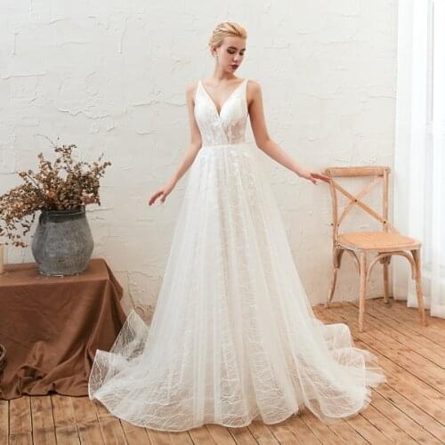 Wholesale Charming Ivory Lace Sleeveless Bridal Wedding Dresses V Neckline Open Back Wedding Gowns for Bride Court Train 2021