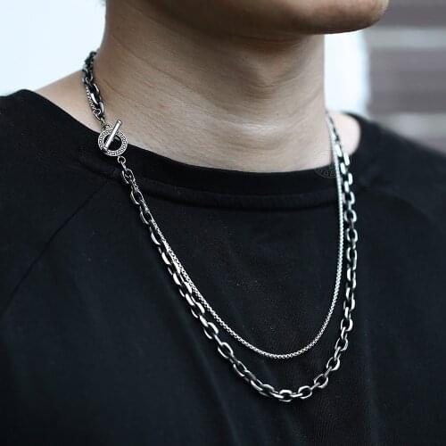 Davieslee Layered Gunmetal Stainless Steel Necklace for Men Boys Oxidized Box Cable Rolo Chain Punk Party Jewelry 22inch DTNS024