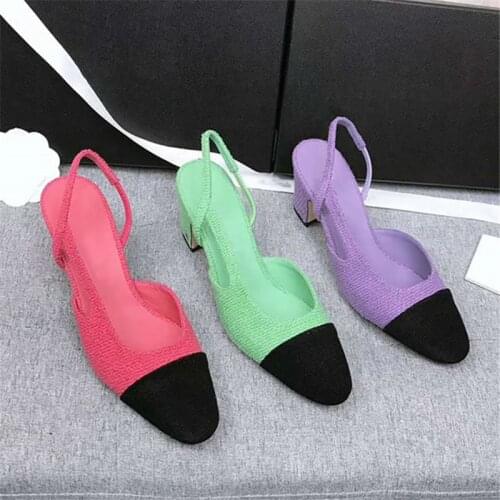 Tweed Leather Slingback Women Pumps Cap Toe Block High Heels Shoes Woman Design Wedding Ladies Luxury Zapatos Mujer Dress Sandal