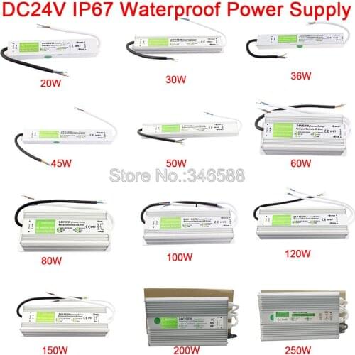DC24V IP67 Waterproof Outdoor LED Driver Lighting Transformers Power Supply 20W 30W 36W 45W 50W 60W 80W 100W 120W 150W 200W