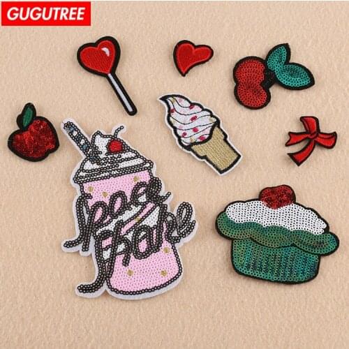 GUGUTREE embroidery food drink patches paillette patches badge patches Applique Patch for Coat,T-Shirt,hat,bags,Sweater,backpack