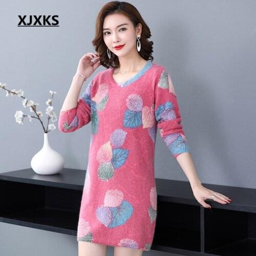 XJXKS 2020 High-end warm Mink Cashmere long sweater women pullover 2020 spring winter new loose plus size ladies printed dress