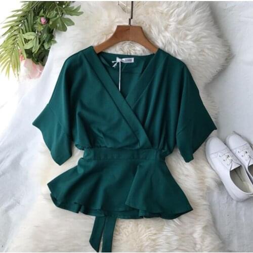 Spring summer womens short sleeve ruffles chiffon shirt tops female fashion high waist belt casual chic shirt blouse TB1229