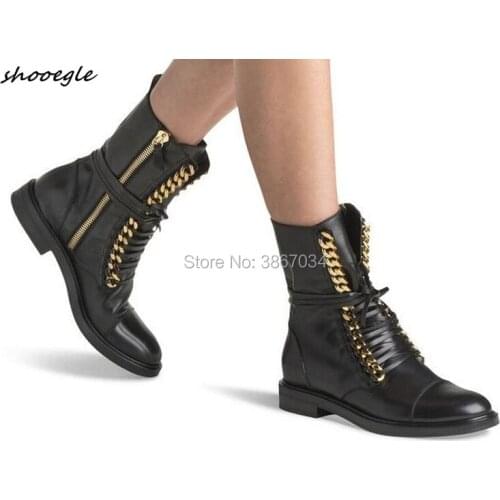 SHOOEGLE Women Motorcycle Boots Chains Lace Up Flats Leather Ankle Booties Round Toe Punk Shoes Fall Winter Shoes Women 2018