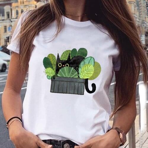 Women Graphic Cartoon Cat Lovely Cute Fashion Aesthetic Animal Short Sleeve Print Female Clothes Tops Tees Tshirt T-Shirt