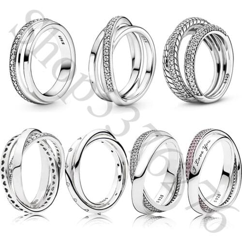 925 Sterling Silver Crossover Pavé Triple Band Pattern Intertwined Fashion Ring For Pandora Women Bead Charm Gift DIY Jewelry