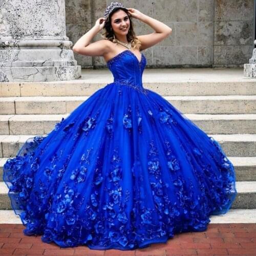 Royal Blue Quinceanera Dress 2021 Sweetheart Sequins Beads Flowers Princess Party Sweet 16 Ball Gown Vestidos De 15 Años