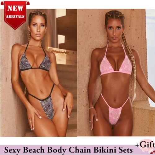 Women Sexy Beach Stitching Pearl Sexy bikini Summer Body Chain Erotic Sequin Jewelry Bra Chain Thongs sets Spa Swim underwear