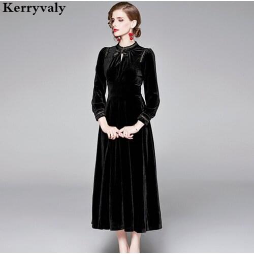 Lady Winter Long Sleeves Maxi Black Velvet Dress Vestidos Invierno 2021 Mujer Long Swing Party Dress with Corset Ropa Mujer K382