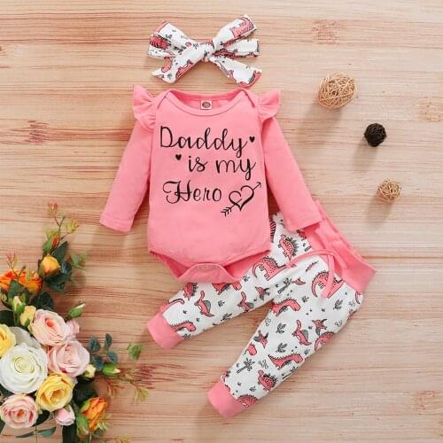 0-18M) Baby suit autumn long-sleeved Valentines Day letter printing romper bag fart + dinosaur printed pants + headband set 50