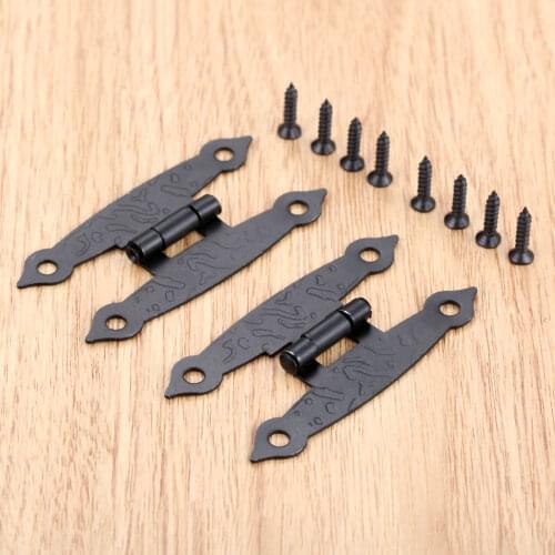 2pcs H shape Hinges +8 screws Black 65*33mm Debossed 4 Holes Furniture Cabinet Wooden Jewelry Box Gift Wine Case Retro Decor