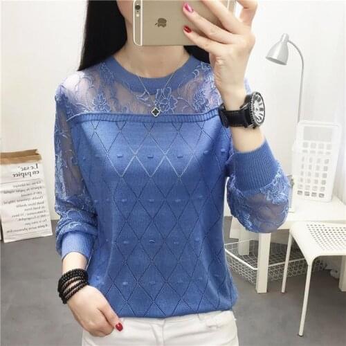 2021 Lace Patchwork Knitted Thin Soft Autumn Sweater Basic Shirt Tops Girls Knittshirt Pullover Sweater Women Casual Sweaters