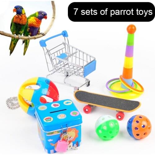 7Pcs/Set Parrot Toys Bird Interactive Parrot Skateboard Cart Ball Puzzle Training Bird Toy Supplies Set Funny Bird Toy