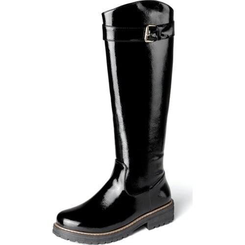 Square Heel High Boots Ladies Patent Leather Belt Buckle Boots Thick Heel Shiny Leather Short Pile Side Zipper High Boots