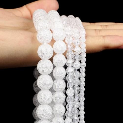 Natural Stone Beads White Snow Cracked Glass Quartz Round Loose Space Beads for Jewelry Making DIY Bracelet Strand 4/6/8/10/12MM