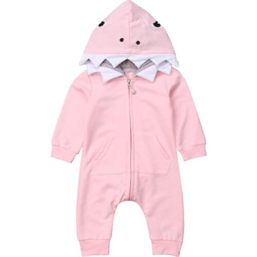 2019 Warm Newborn Infant Baby Rompers Boy Girl Cute Shark Long Sleeve Pink Zipper Romper Hooded Jumpsuit Size 0-24M