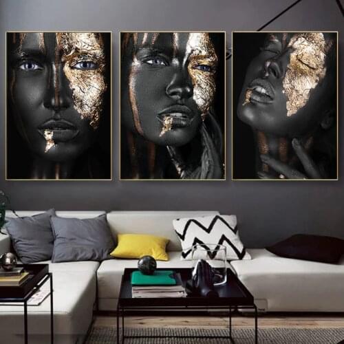 Art Print Posters African Black and Gold Woman Canvas Painting Wall Art Pictures for Living Room Home Decoration Unframed