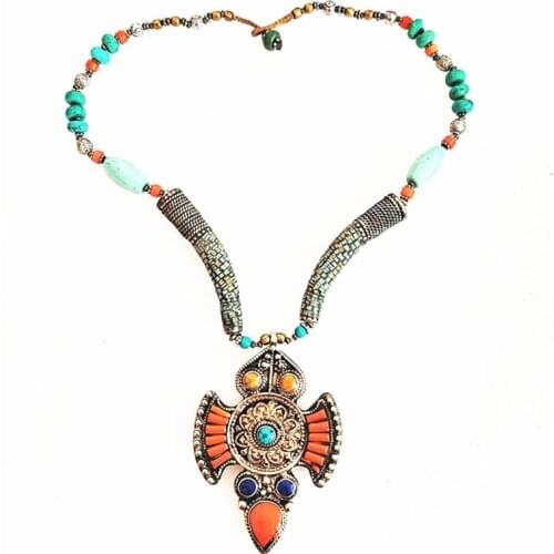 Nepal Indian Brass inlaid Stone Coral Pendant Necklace Multi Statements Big Pendants BOHO Necklace TNL183