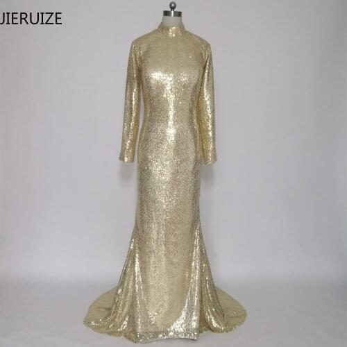 JIERUIZE Gold Sequin Mermaid Evening Dresses Long Low Back Long Sleeves Prom Dresses Formal Dresses robe de soiree