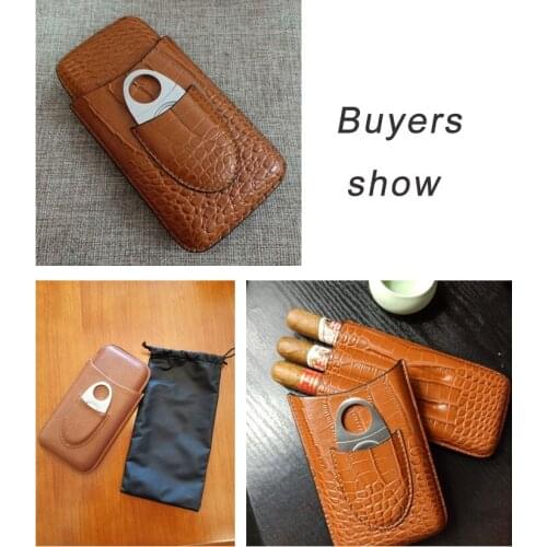 3 Tube Brown Crocodile pattern Cigar box Leather Mini Portable smoking gadgets Storage Accessories with Humidor Cutter