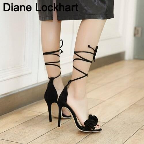 Top Sale Sexy Sandals Woman Flowers Sandal Thin Heel Cross Tied Sandals Lace-crossed High Heels summer Women Shoes Drop Shipping