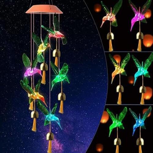 Color Changing Solar Power Wind Chime Crystal Ball Hummingbird Butterfly Waterproof Outdoor Windchime Light for Patio Yard Garde