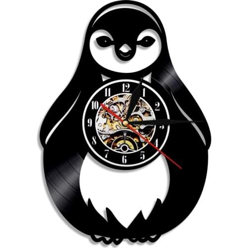 Cute Penguin Silhouette Vinyl Record Wall Clock Vintage Animal Kids Bedroom Decor Wall Hanging Watch Silent Quartz Birthday Gift