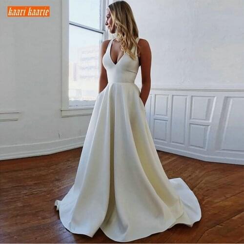 Fashion White Wedding Dresses Long Formal Party 2020 Sexy Ivory Wedding Gowns V Neck Satin Backless Floor Length Bridal Dress