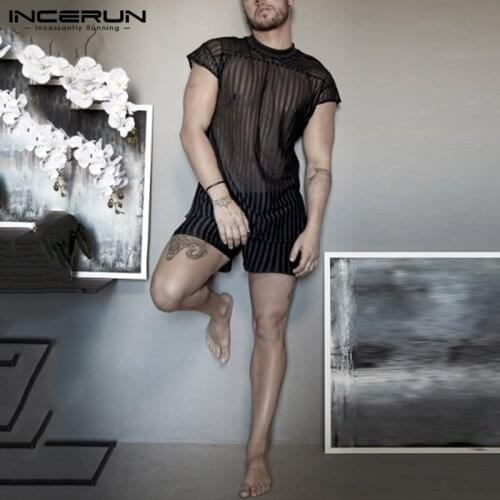 Men Fashion Mesh Sets INCERUN Sexy Nightclub Short Sleeve O Neck Tops Elastic Shorts 2 Pieces Man Striped Transparent Suits 5XL