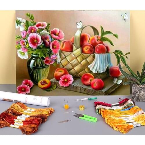 Fruit Printed Water-Soluble Canvas 11CT Cross Stitch Embroidery Kit DMC Threads Handmade Handicraft Painting Knitting Stamped