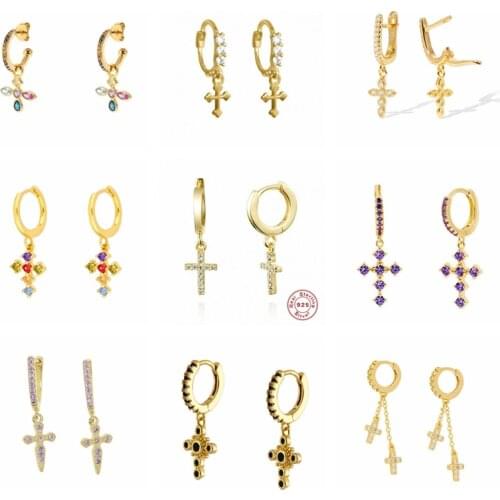 Real 925 Silver Earrings For Women Gold Cross Pendant Earrings Girl Ear Bone Piercing Earring Female Small Hoop aretes K5