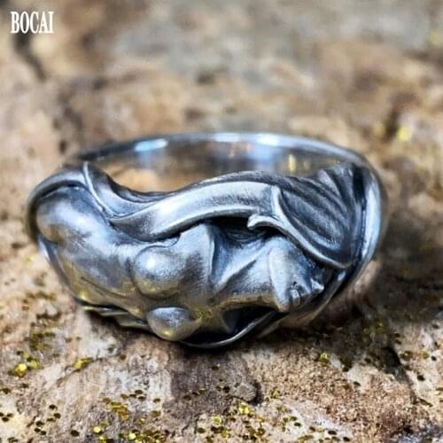 BOCAI 2020 new real s925 pure silver fashion ring for woman Mad Graffiti Wonderful naked woman silver ring for man