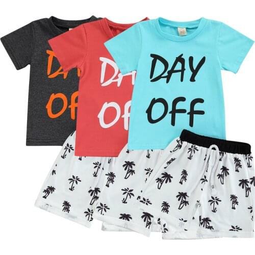 New 2Pcs Toddler Summer Tracksuits, Letters Print Short Sleeves T-Shirt + Coconut Tree Shorts for Boys, 1-5 Years