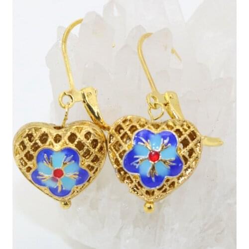 New arrival fashion 13*15mm heart shape gold-color hollow carved flower cloisonne dangle earrings drop fine diy jewelry B2645