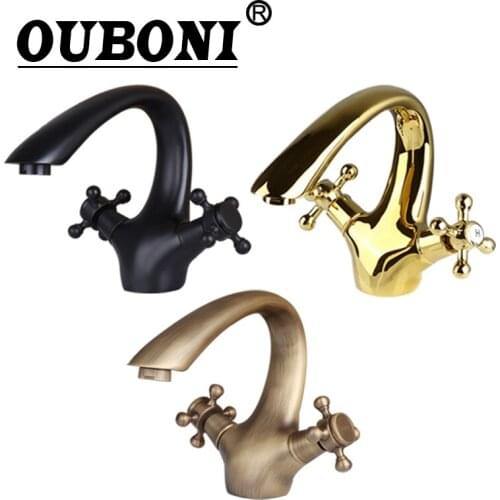 OUBONI Bathroom Basin Sink Faucet Antique Brass Single Hole Double Handles Stream Spout Black Faucet Basin Mixer Tap Faucets