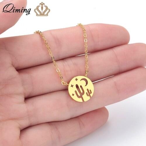QIMING Tiny Cactus Crescent Moon Star Pendant Necklace Women Vintage Statement Classic Design Dropshipping Girls Necklaces Gift