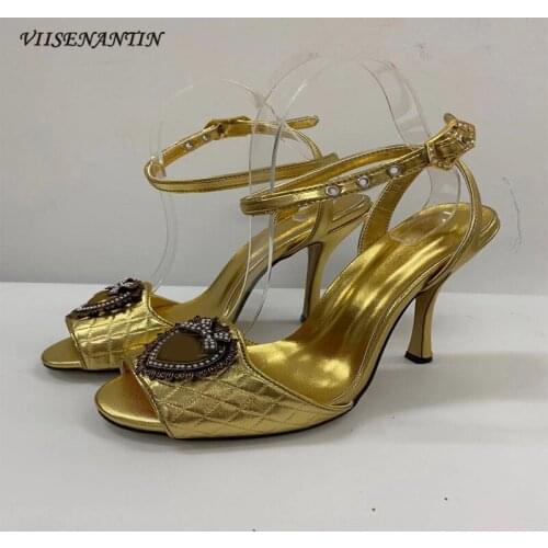 Round Toe Stiletto Heel Sandals with Golden Crystal Metal Heart-shaped Bow Buckle Catwalk Fashion Sexy Stiletto Sandals