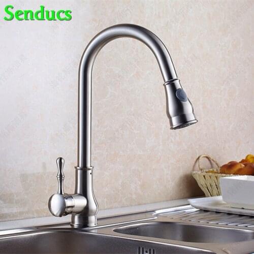Senducs Brushed Pull Down Kitchen Faucet Hot Cold Kitchen Water Mixer Tap Quality Brass Pull Out Brushed Kitchen Mixer Tap