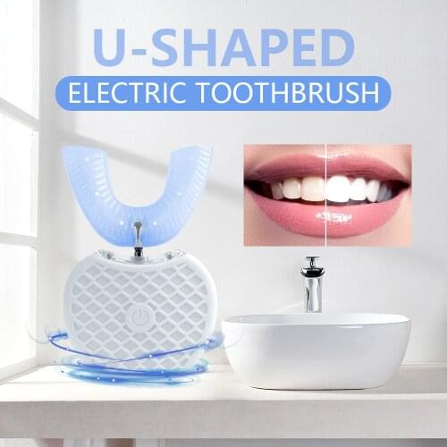 360 Degree Wave Brush Intelligent Automatic Sonic Lazy Electric Toothbrush USB Rechargeable Ultrasonic U Shape Blue Cold Light